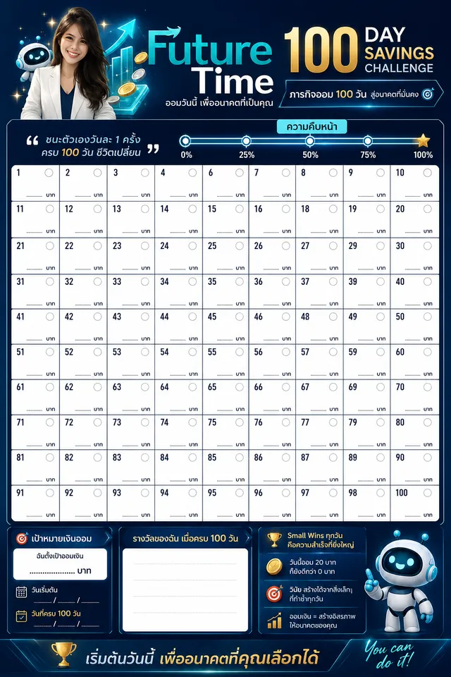 ตารางออมเงิน 100 วัน Future Time — 100 Day Savings Challenge โทนพรีเมียม