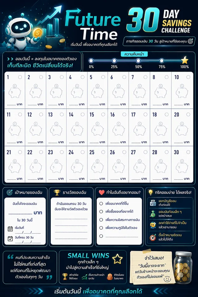 ตารางออมเงิน 30 วันแบบทั่วไป — 30 Day Savings Challenge โทนเข้มสำหรับวัยรุ่นและผู้ใหญ่