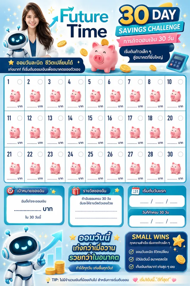 ตารางออมเงิน 30 วันสำหรับเด็ก — 30 Day Savings Challenge ลายกระปุกหมูน่ารัก