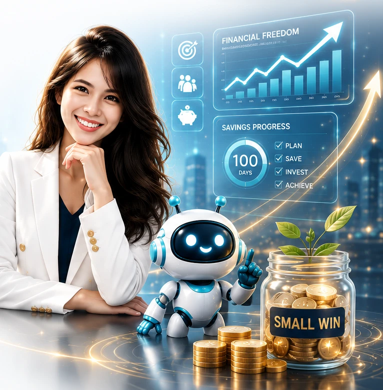 แม่แก้วผู้ก่อตั้ง small-win พร้อมหุ่นยนต์ AI และโหลออมเงิน Small Win สื่อถึงวินัยการเงินและการเติบโตของครอบครัว